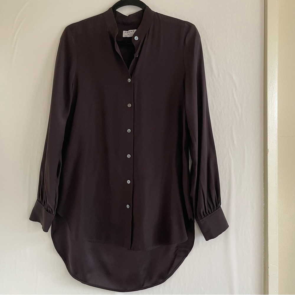 Frame Brown Silk Long Sleeve Mandarin Collar Top Size S - Picture 1 of 11